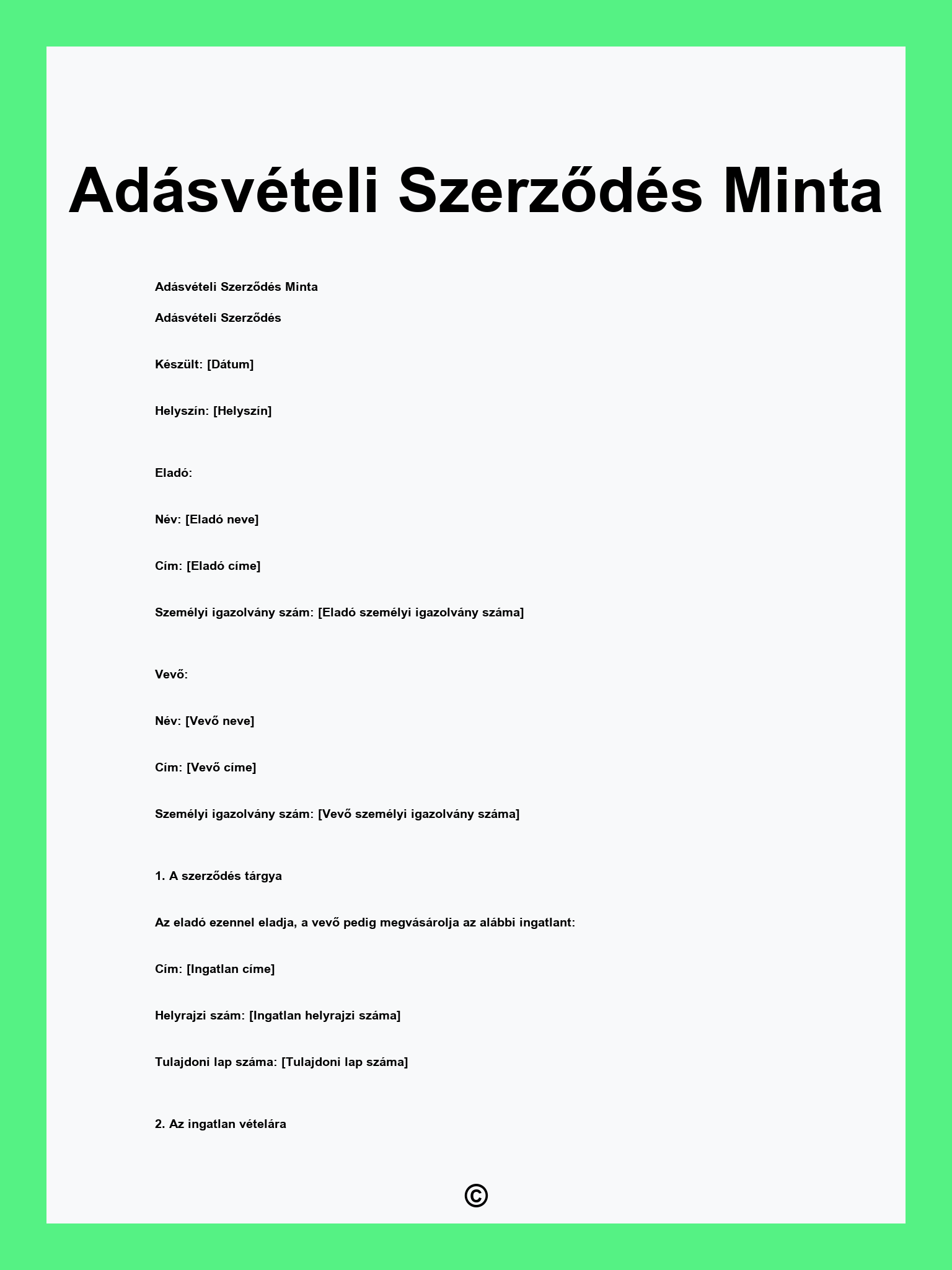 Adásvételi Szerződés Minta