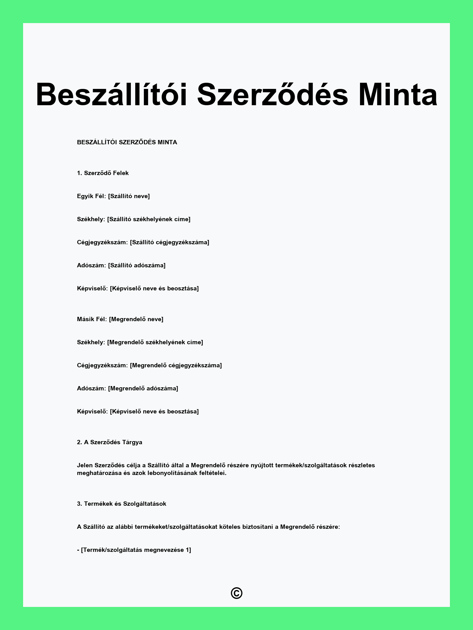 Beszállítói Szerződés Minta