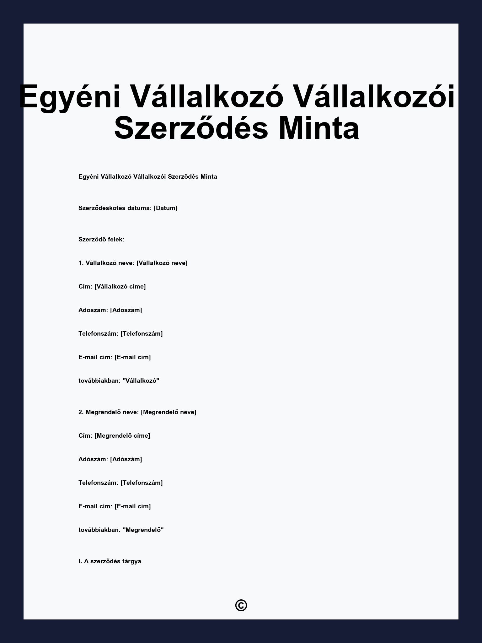 Egyéni Vállalkozó Vállalkozói Szerződés Minta