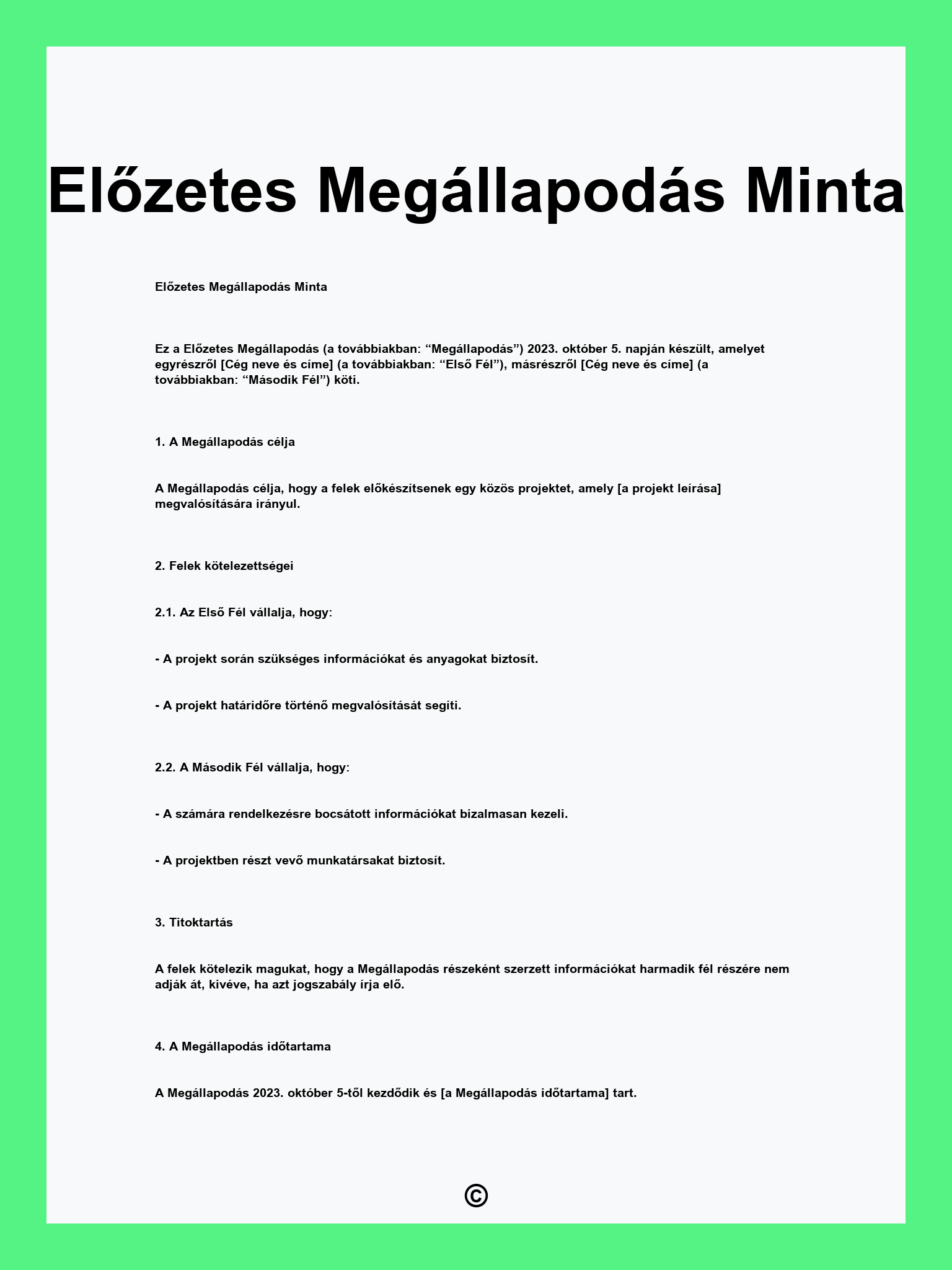 Előzetes Megállapodás Minta