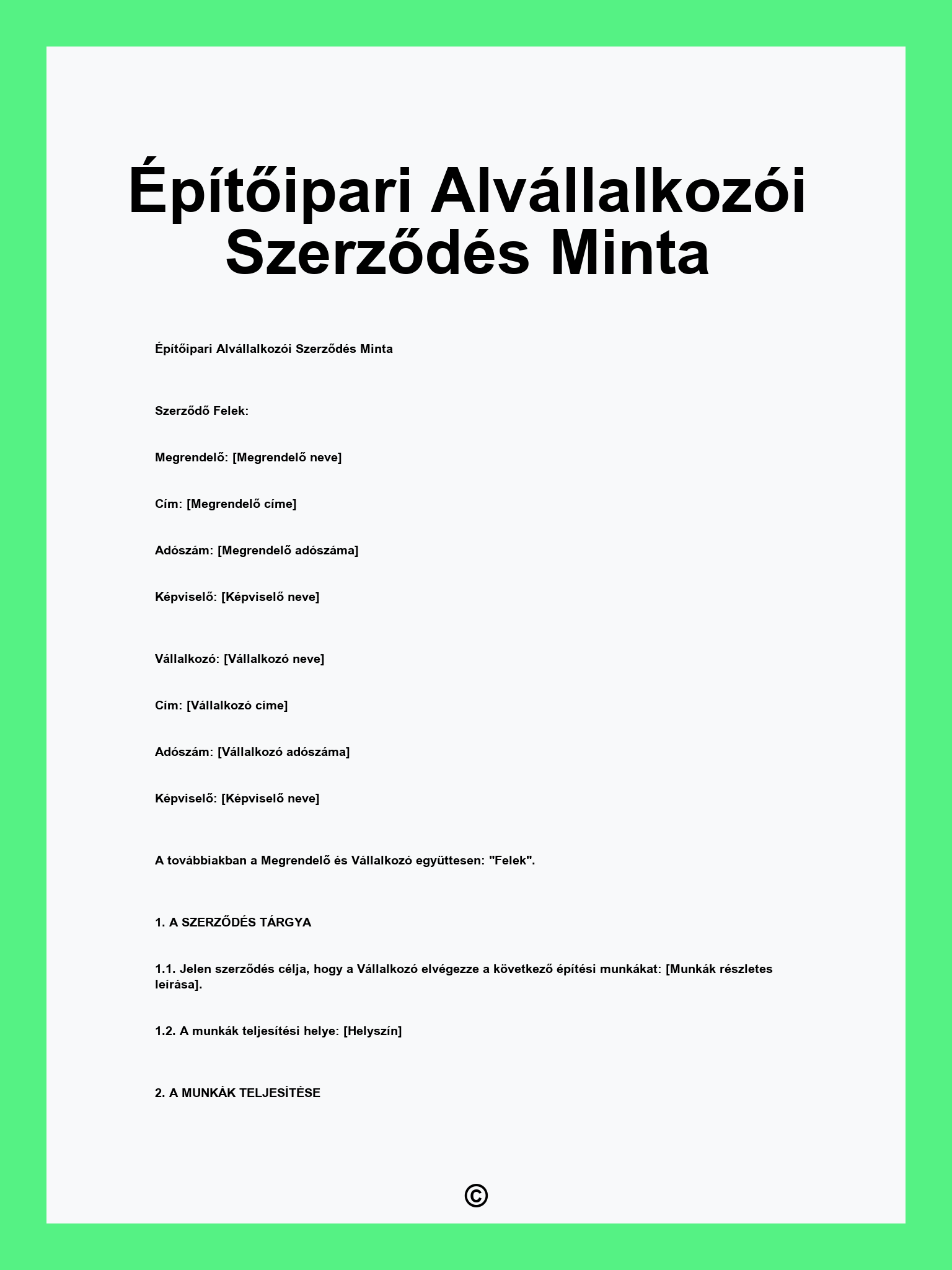 Építőipari Alvállalkozói Szerződés Minta