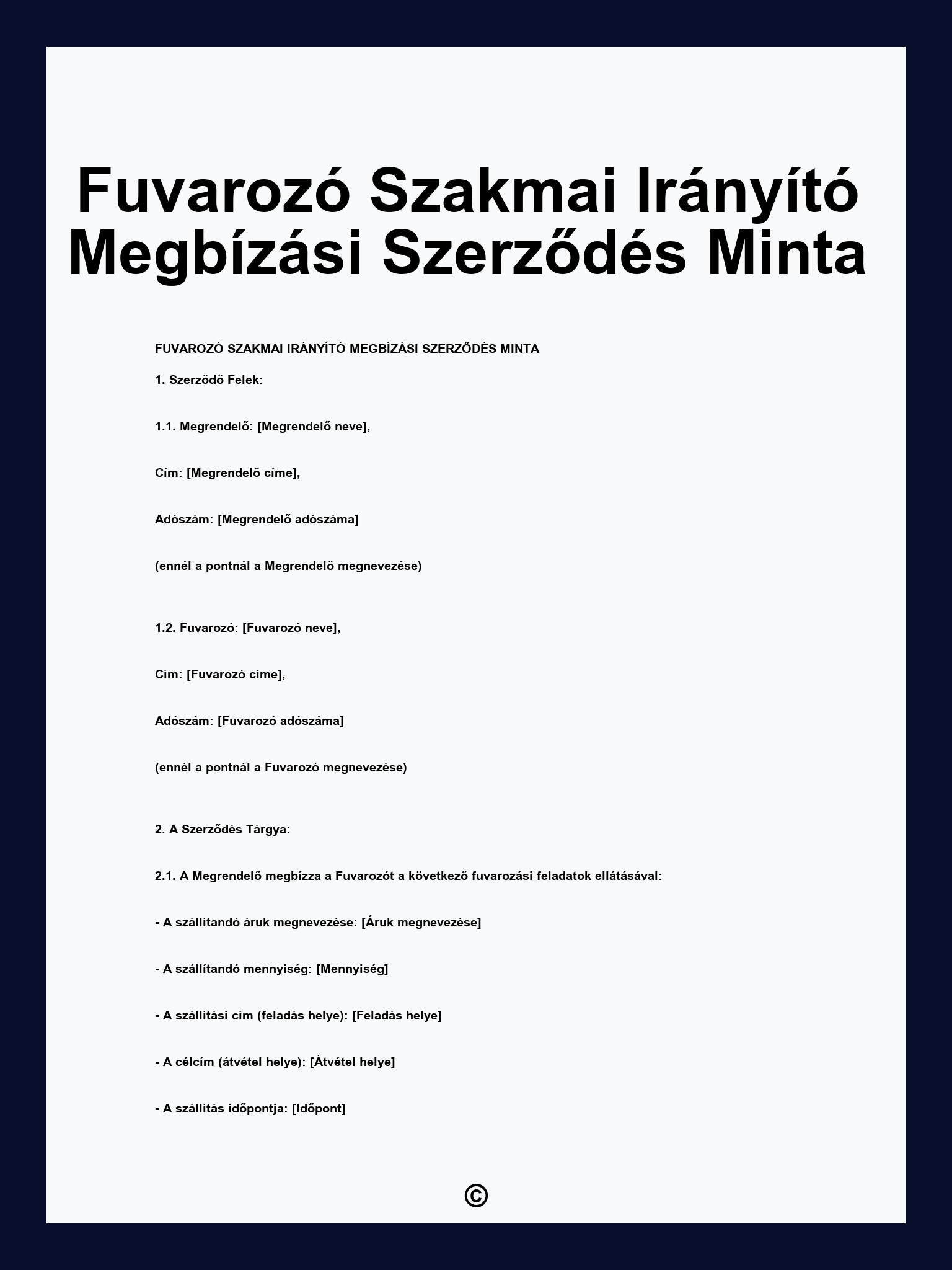 Fuvarozó Szakmai Irányító Megbízási Szerződés Minta