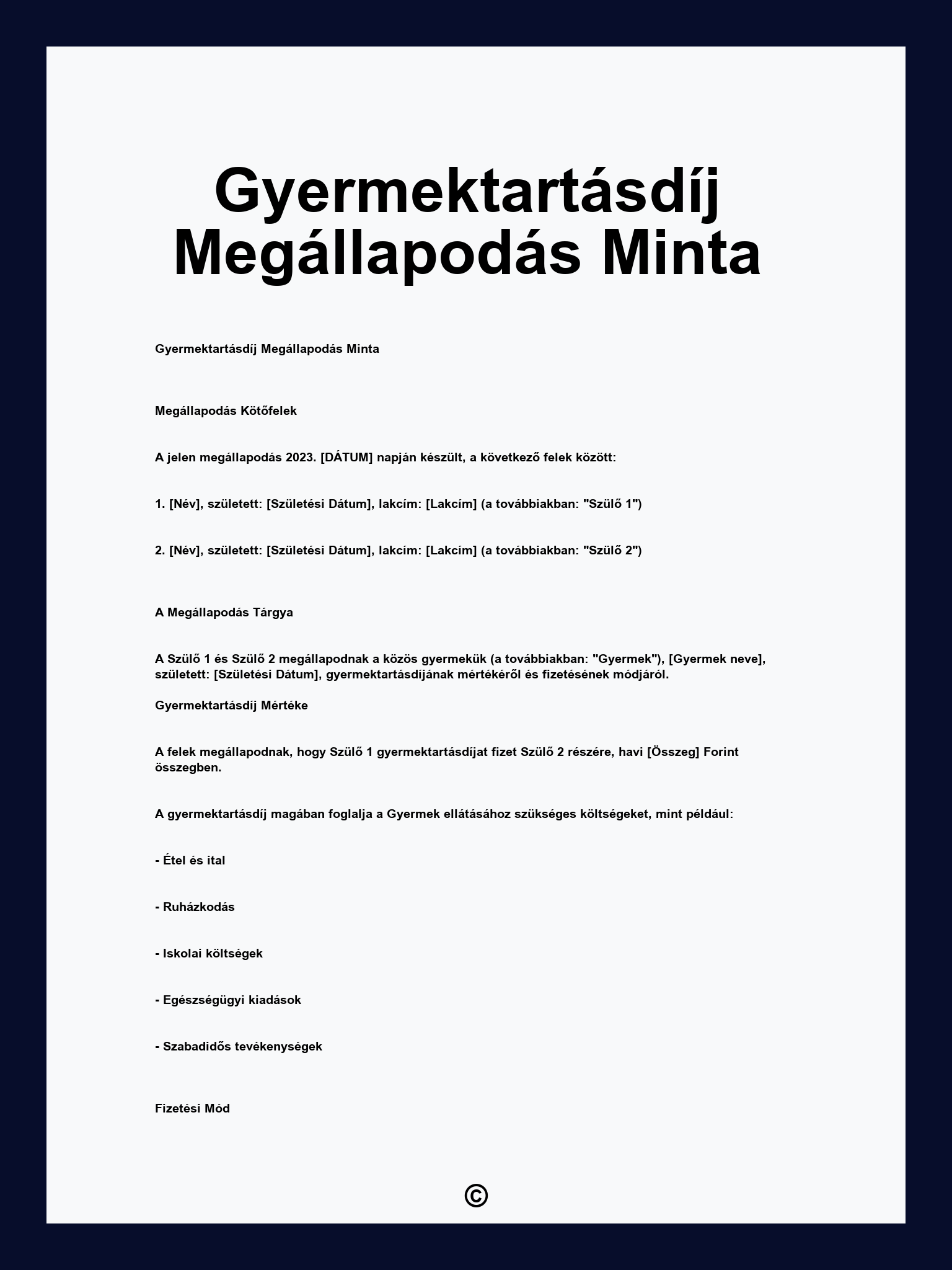 Gyermektartásdíj Megállapodás Minta