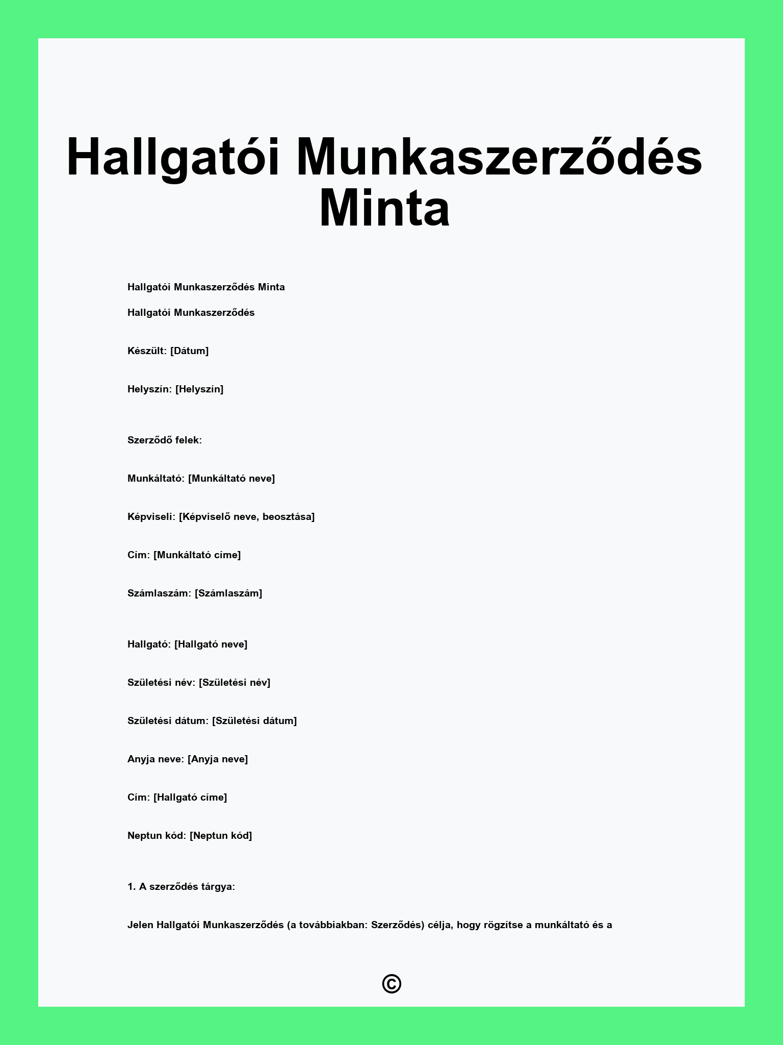 Hallgatói Munkaszerződés Minta