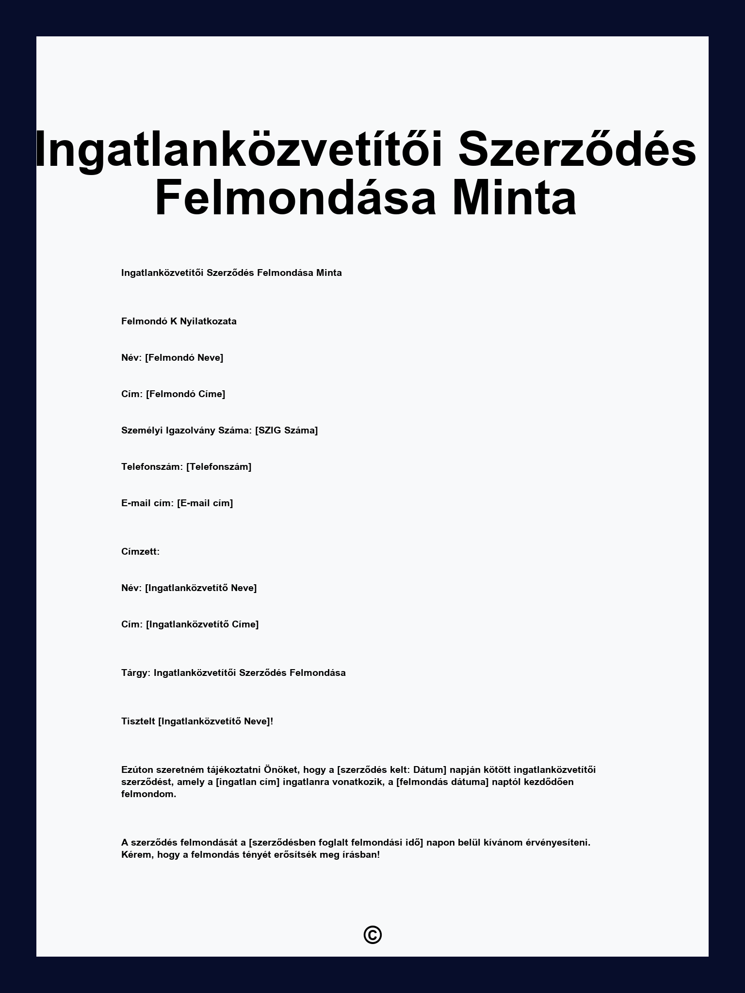 Ingatlanközvetítői Szerződés Felmondása Minta