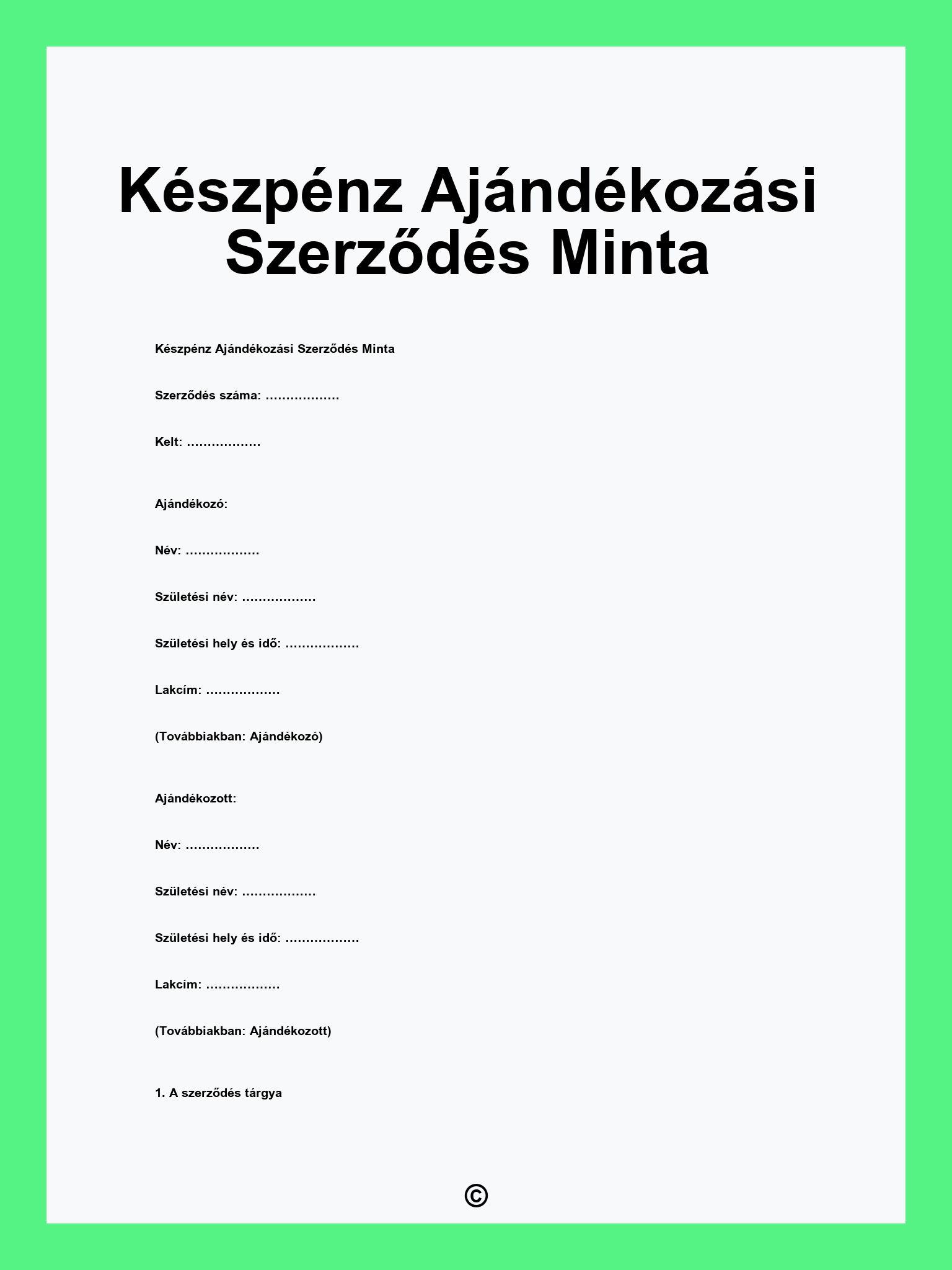 Készpénz Ajándékozási Szerződés Minta