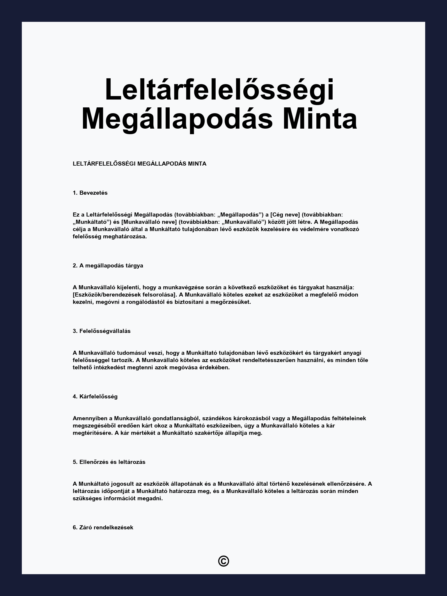 Leltárfelelősségi Megállapodás Minta