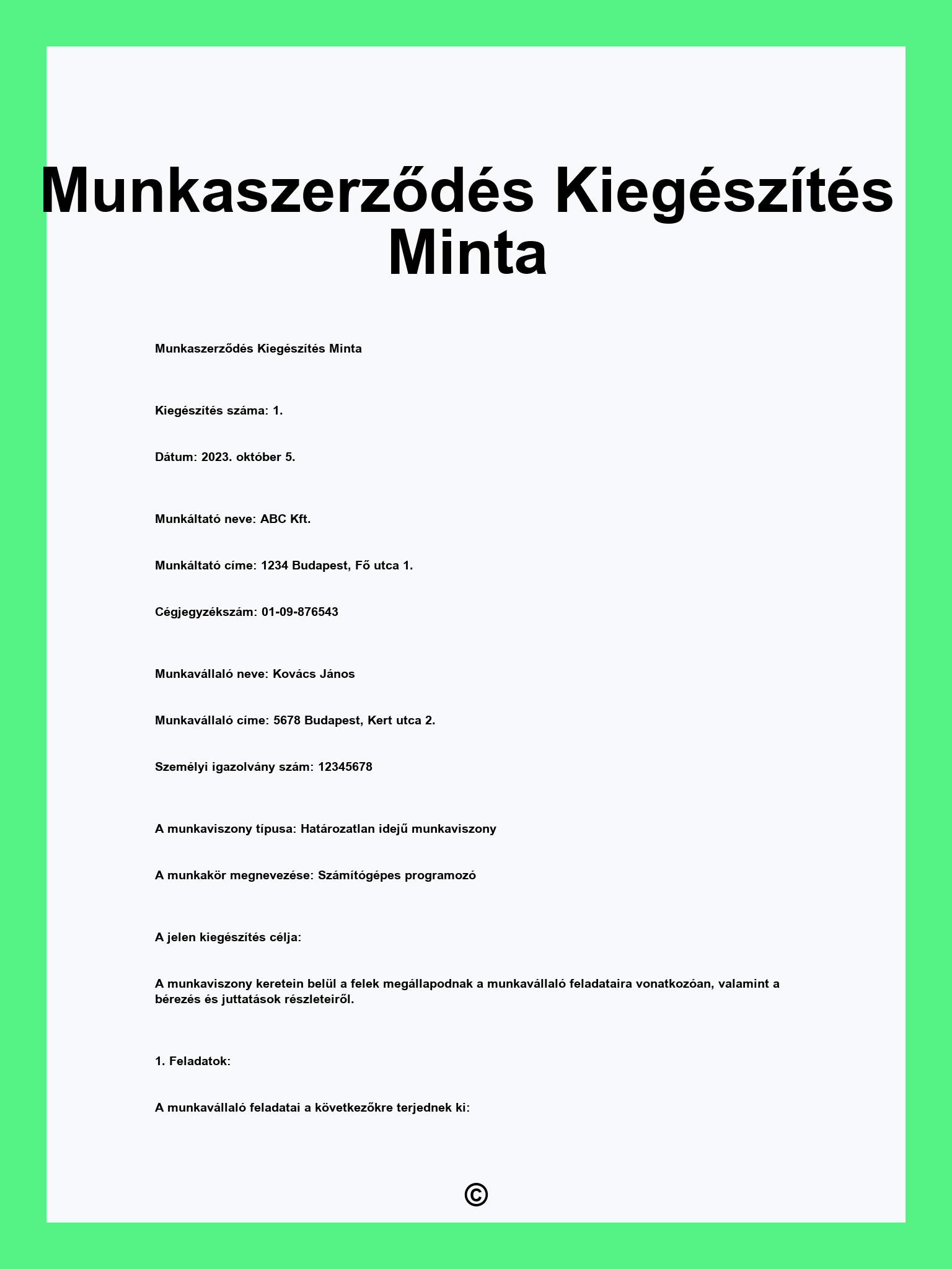 Munkaszerződés Kiegészítés Minta