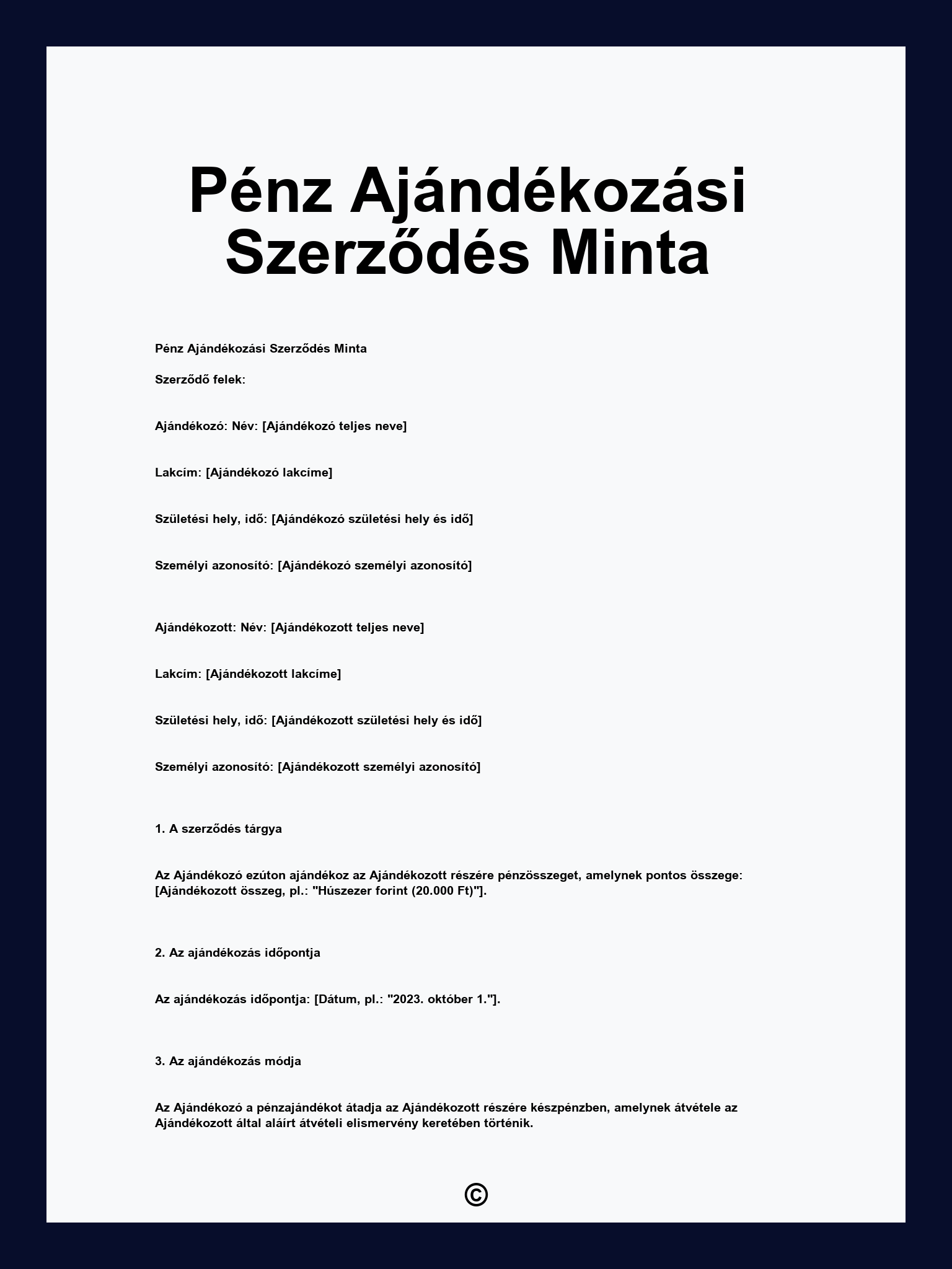 Pénz Ajándékozási Szerződés Minta