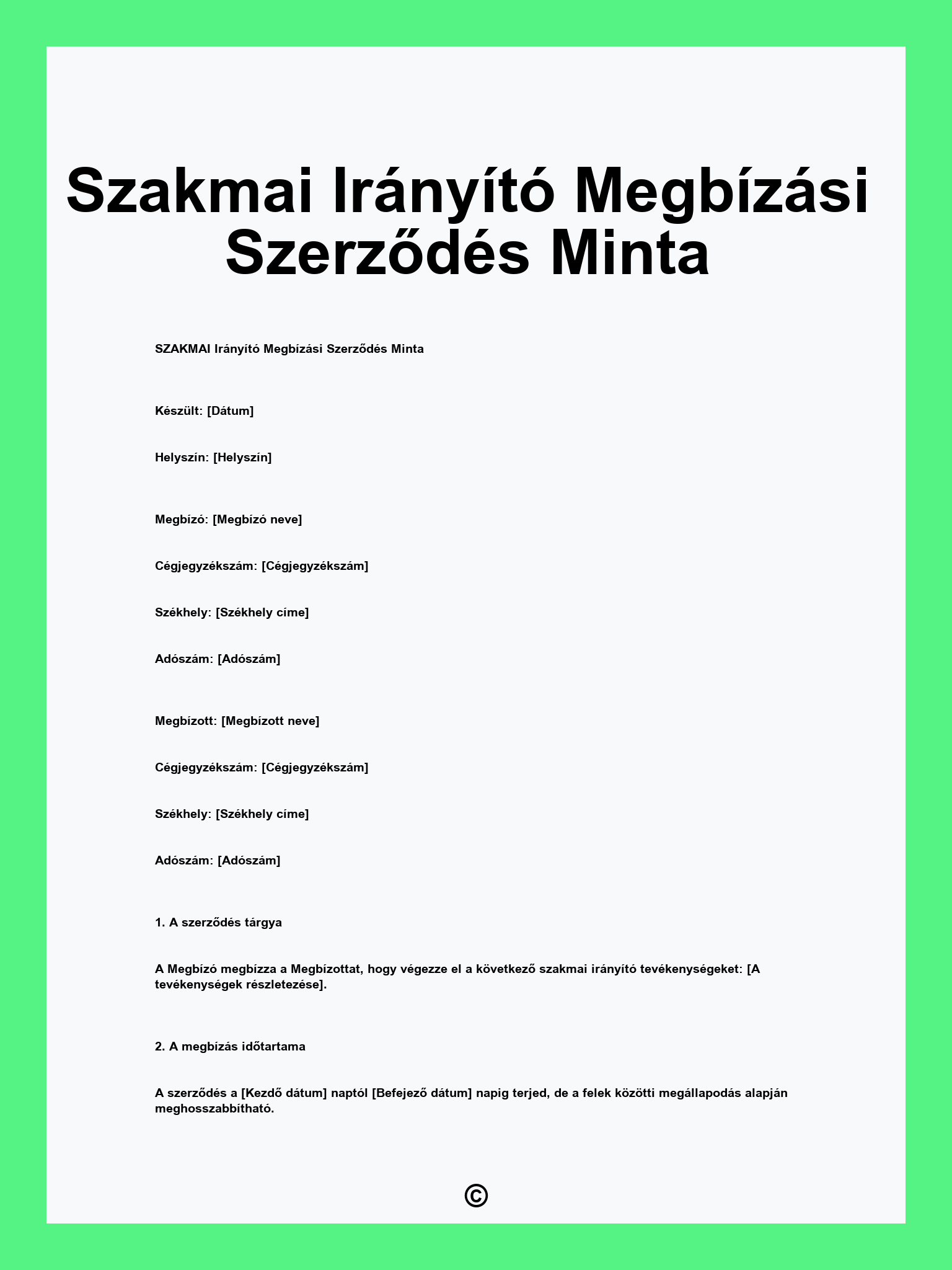 Szakmai Irányító Megbízási Szerződés Minta