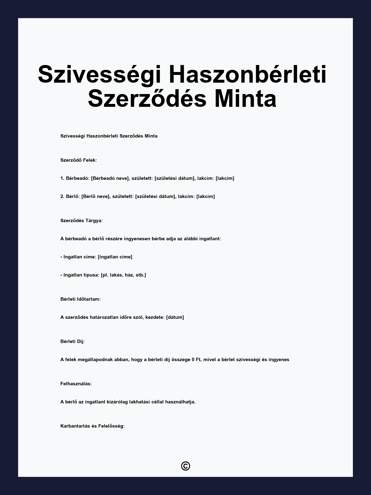 Szivességi Haszonbérleti Szerződés Minta