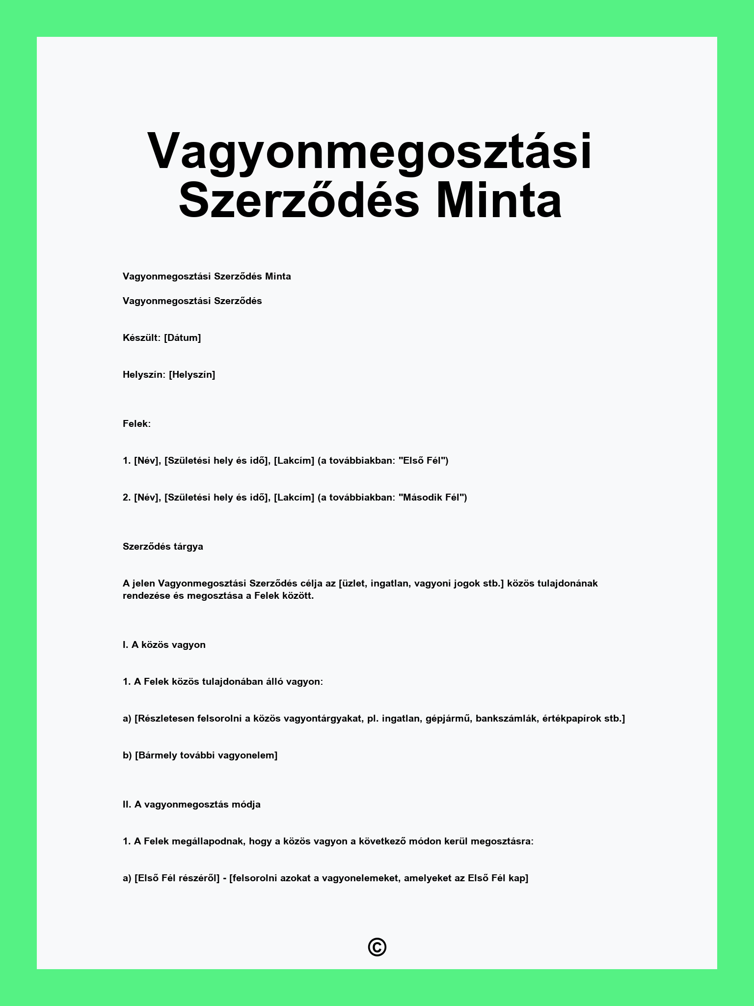 Vagyonmegosztási Szerződés Minta