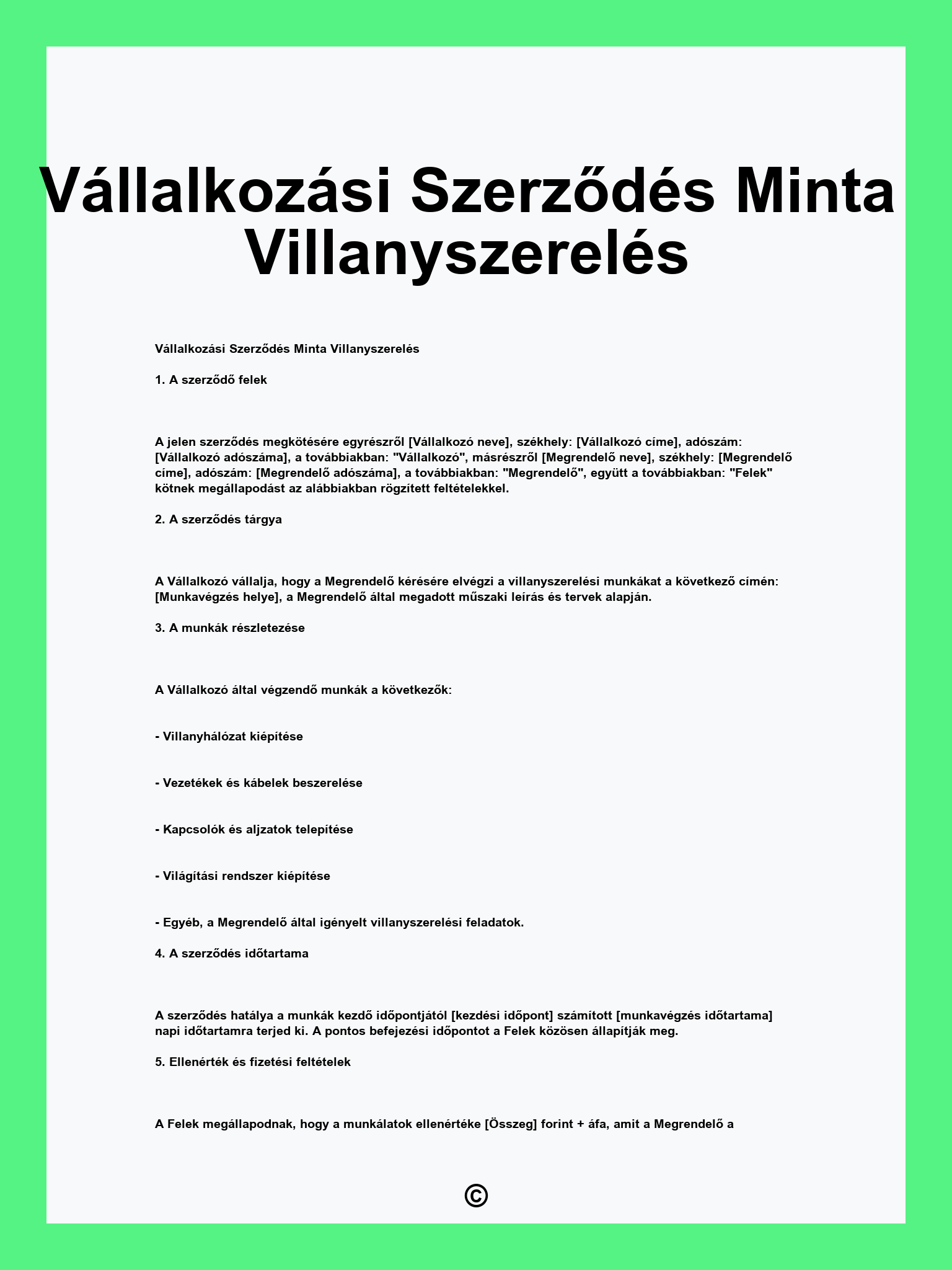 Vállalkozási Szerződés Minta Villanyszerelés