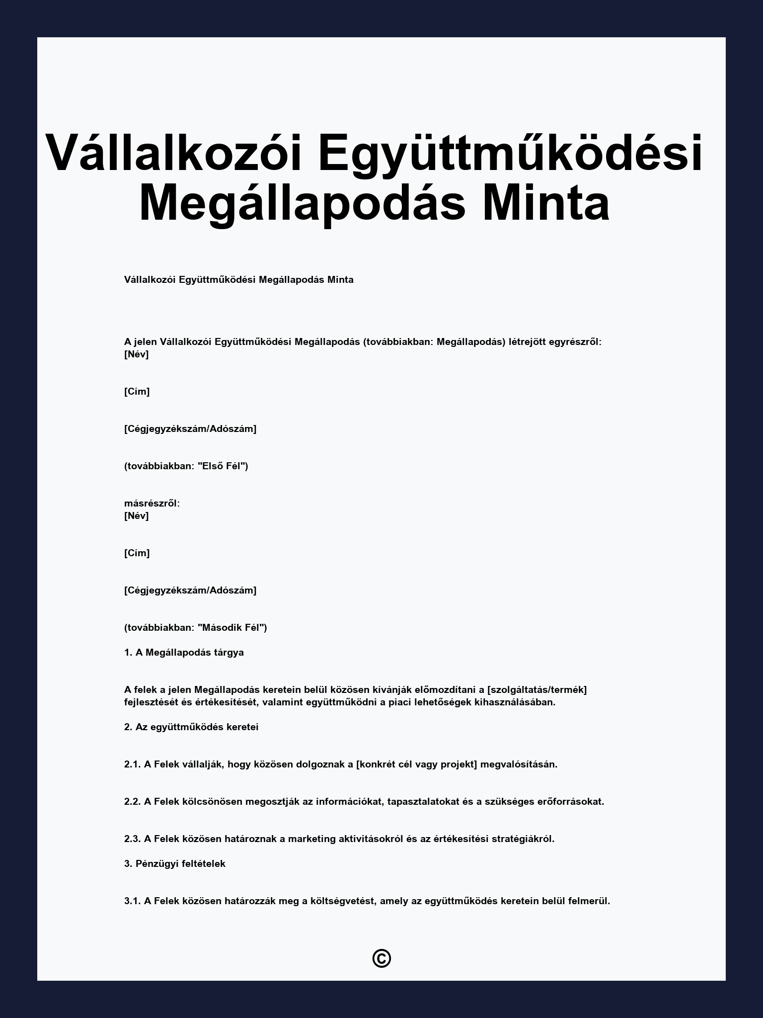 Vállalkozói Együttműködési Megállapodás Minta