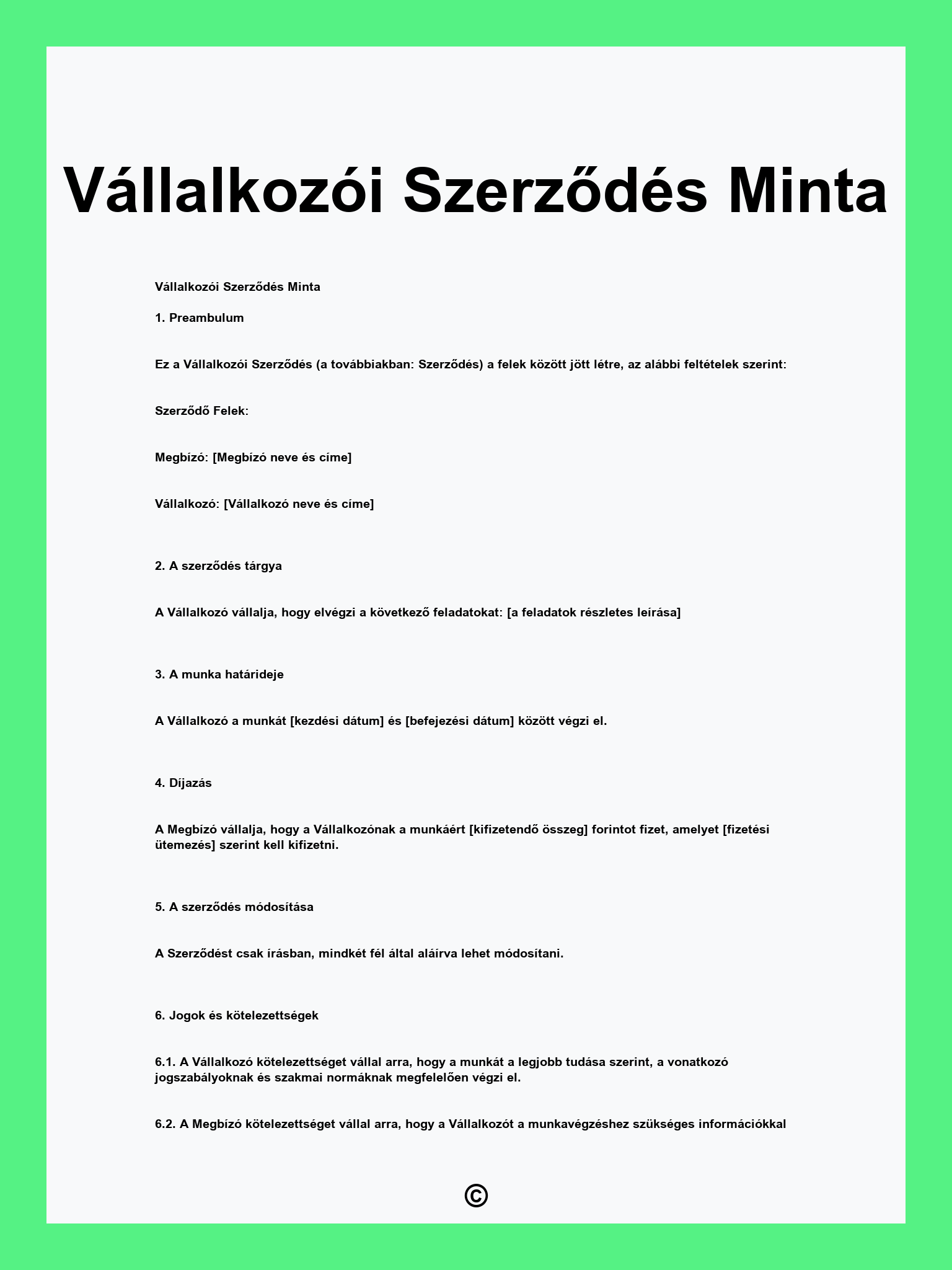 Vállalkozói Szerződés Minta